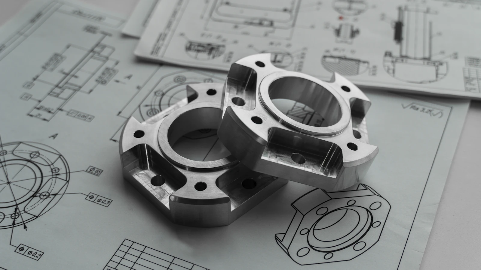 Two machined metal parts resting on engineering drawings